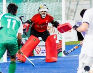 Pakistan and New Zealand players during a nations cup match