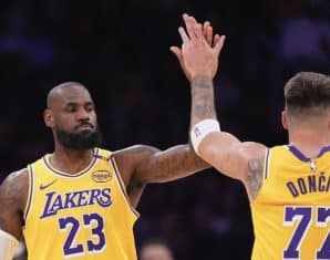 Lebron James and Luka Doncic during an LA Lakers game