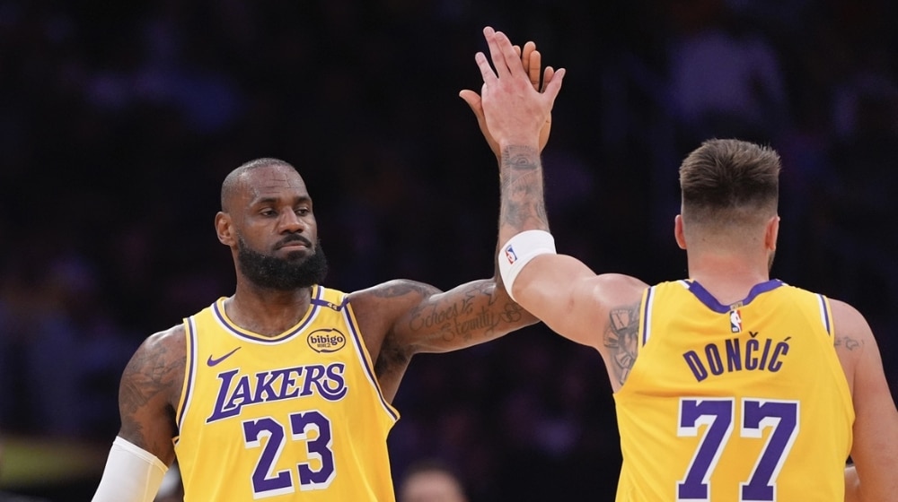 Lebron James and Luka Doncic during an LA Lakers game