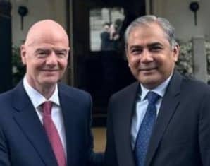 Mohsin Naqvi with FIFA President Gianni Infantino where they discussed Pakistani football