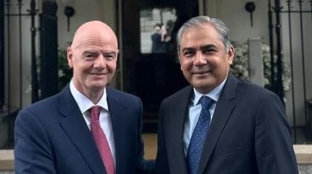 Mohsin Naqvi with FIFA President Gianni Infantino where they discussed Pakistani football