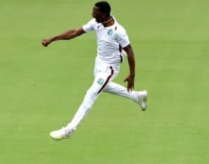 Shamar Joseph celebrates a wicket