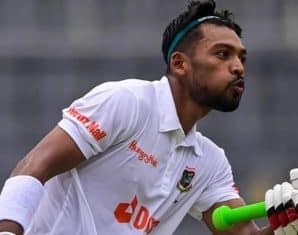 Najmul Hossain Shanto celebrates his century