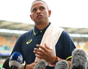 Usman Khawaja talking to the media