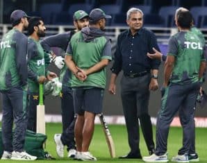 PCB Chairman Mohsin Naqvi with the Pakistan Cricket team