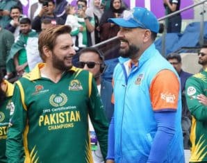 Shahid Afridi with India's Yuvraj Singh before WCL 2024 match