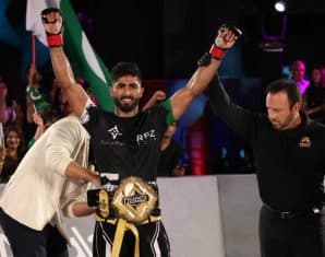 Shahzaib Rind after winning a Karate Combat bout