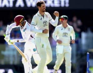 Mitchell Starc celebrates a wicket against the West Indies