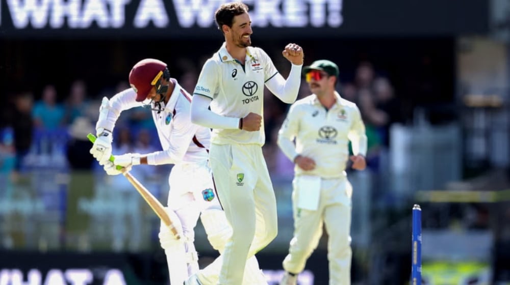 Mitchell Starc celebrates a wicket against the West Indies