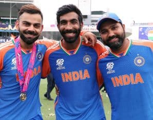 Bumrah, Rohit Sharma and Virat Kohli after winning the T20 World Cup
