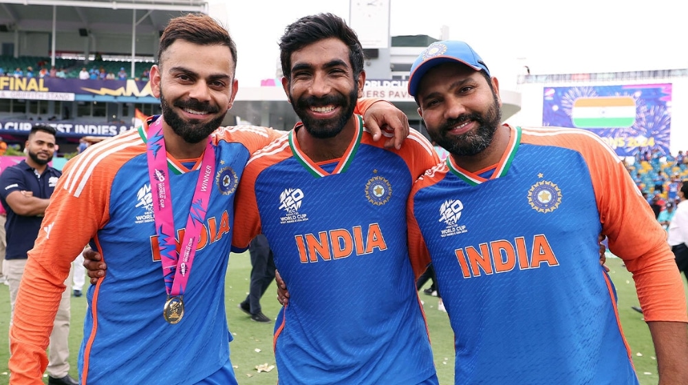 Bumrah, Rohit Sharma and Virat Kohli after winning the T20 World Cup