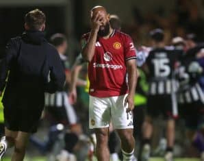 Manchester United's Bryan Mbeumo reacts after loss to Grimsby