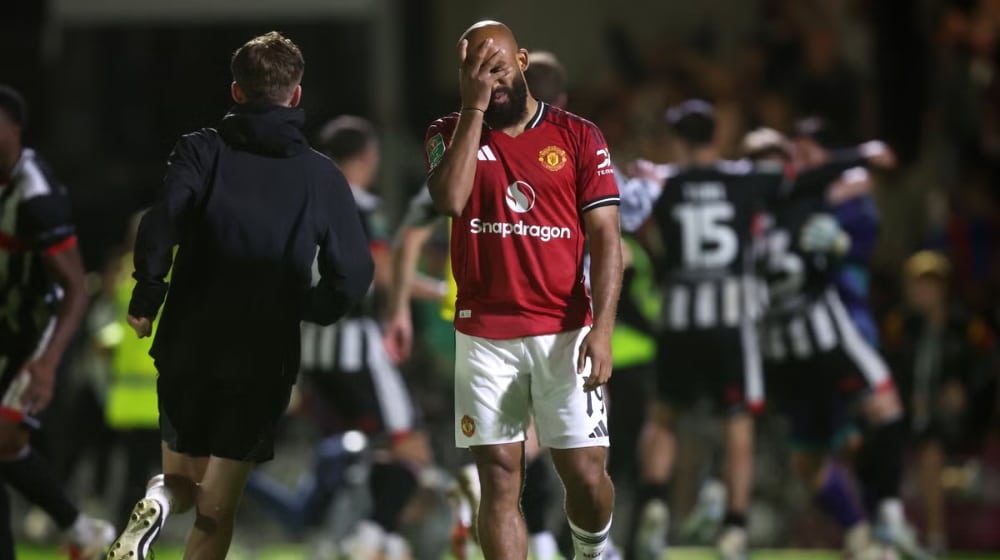 Manchester United's Bryan Mbeumo reacts after loss to Grimsby