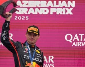 Red Bull's Max Verstappen celebrates his win in Baku