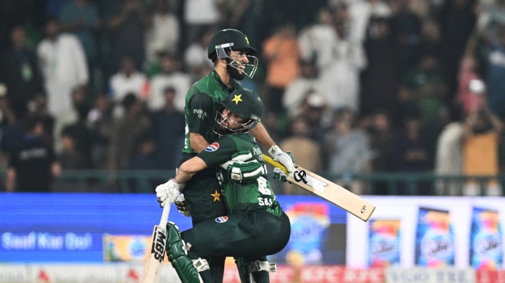 Salman Ali Agha and Mohammad Haris after a game