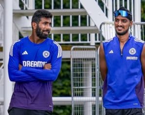 Arshdeep Singh and Jasprit Bumrah during a training session
