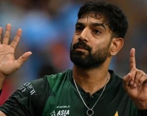 Haris Rauf gestures to fans during the Pakistan India Asia Cup Match
