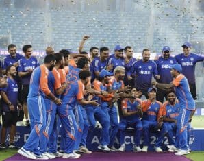 India with their Invisible Asia Cup Trophy during celebrations