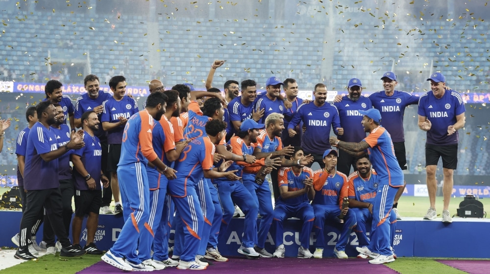 India with their Invisible Asia Cup Trophy during celebrations