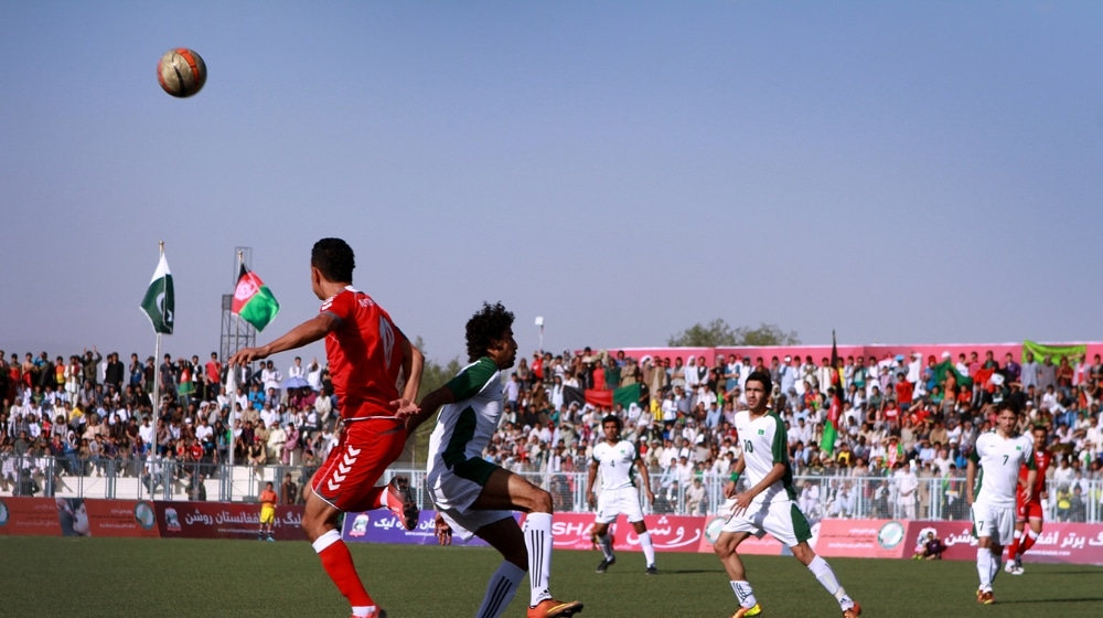 Pakistan and Afghanistan players during a football match ahead of the Asian Cup Qualifier