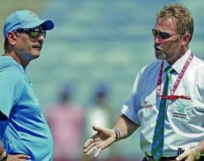 Chris Broad with then Indian cricket team head coach Ravi Shastri
