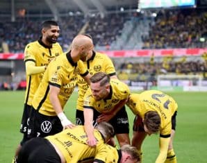 Mjällby and Abdullah Iqbal celebrate their goal
