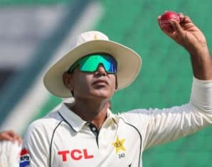 Noman Ali with the match ball after his performance against South Africa