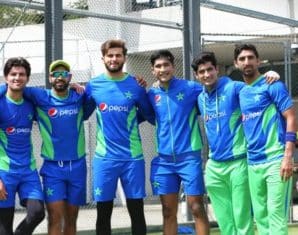 Haris Rauf with Pakistani pacers during a training session