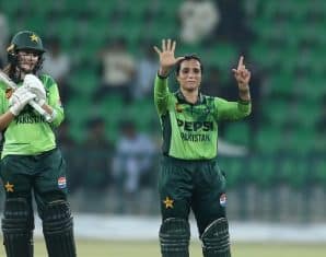Sidra Amin celebrates her century which helped earn ICC Player of the Month nomination