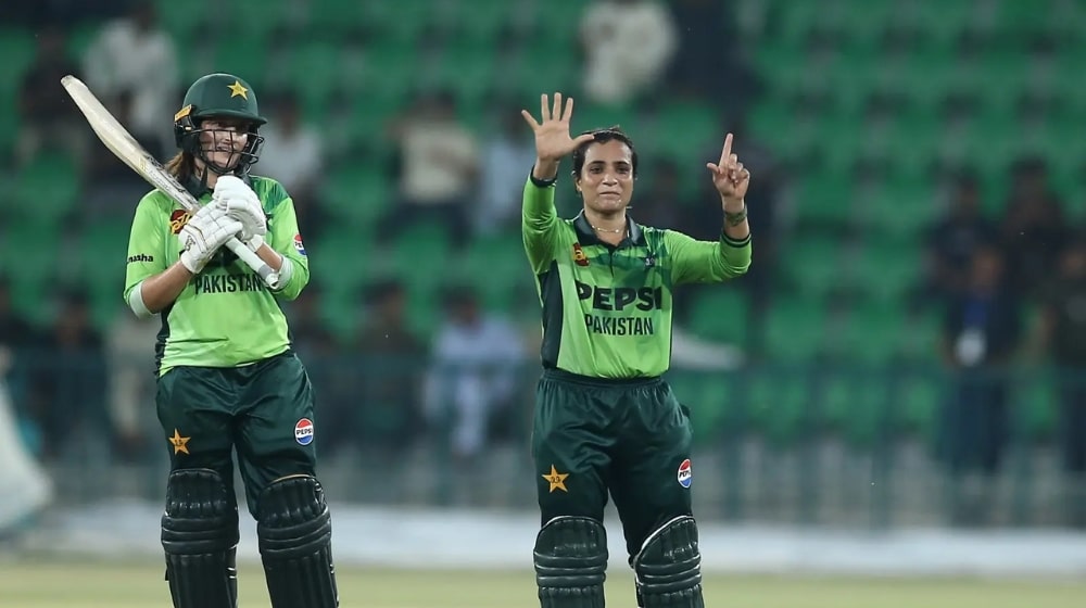 Sidra Amin celebrates her century which helped earn ICC Player of the Month nomination