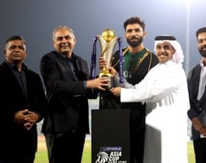 Pakistan's captain lifts the Asia Cup Rising Stars trophy