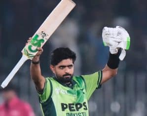 Babar Azam celebrates after scoring a century