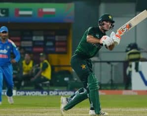 Maaz Sadaqat plays a stroke during the Asia Cup Rising Stars match