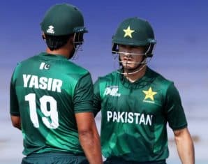 Maaz Sadaqat in action for Pakistan Shaheens against Oman in the Asia Cup Rising Stars