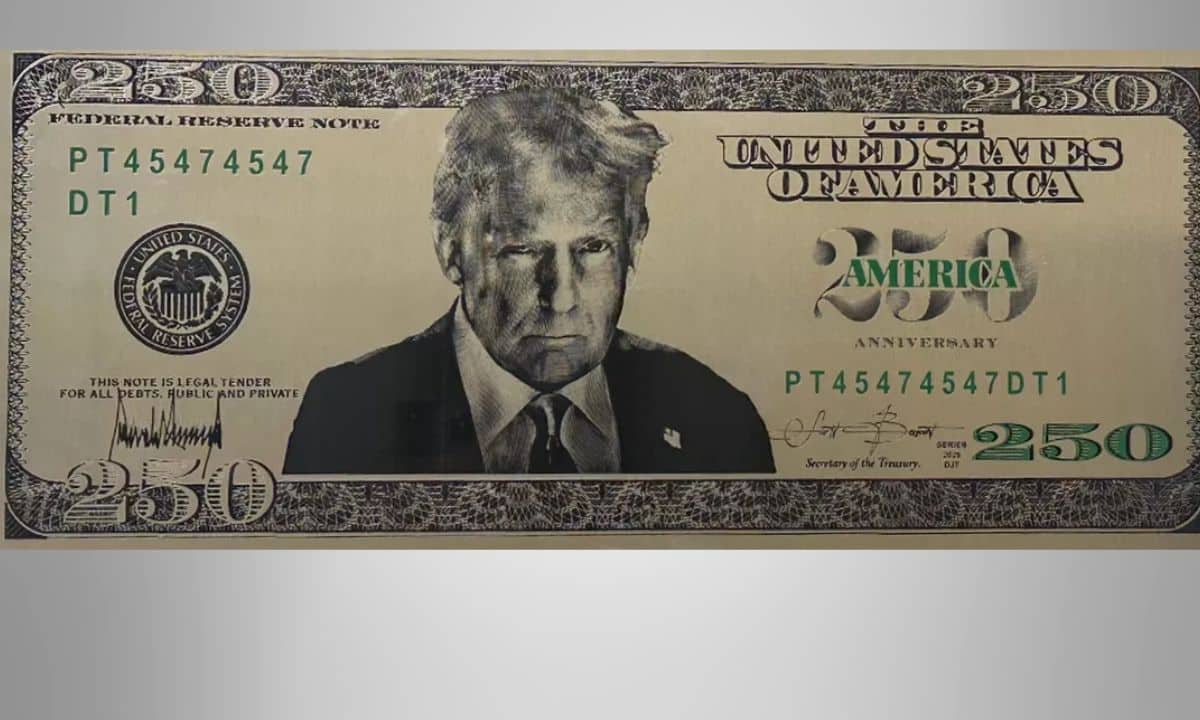 A conceptual design of the Trump $250 note commemorating the 250th anniversary of the United States.