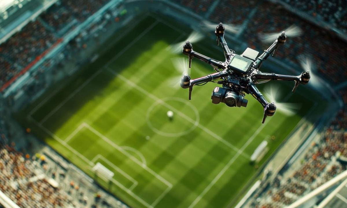 Aerial view of a soccer stadium with security drone graphics representing the World Cup drone ban