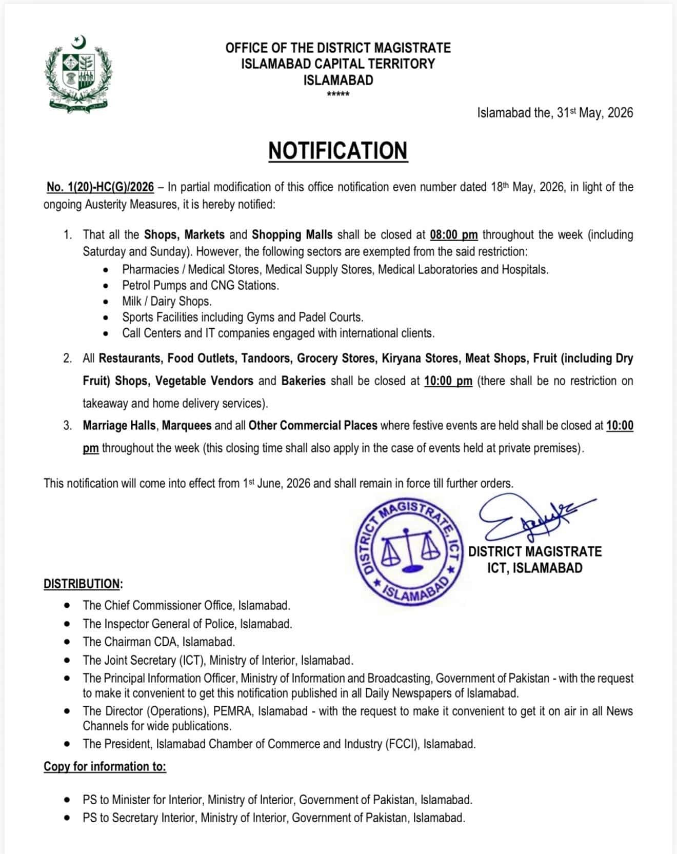 Official notification for revised Islamabad business hours